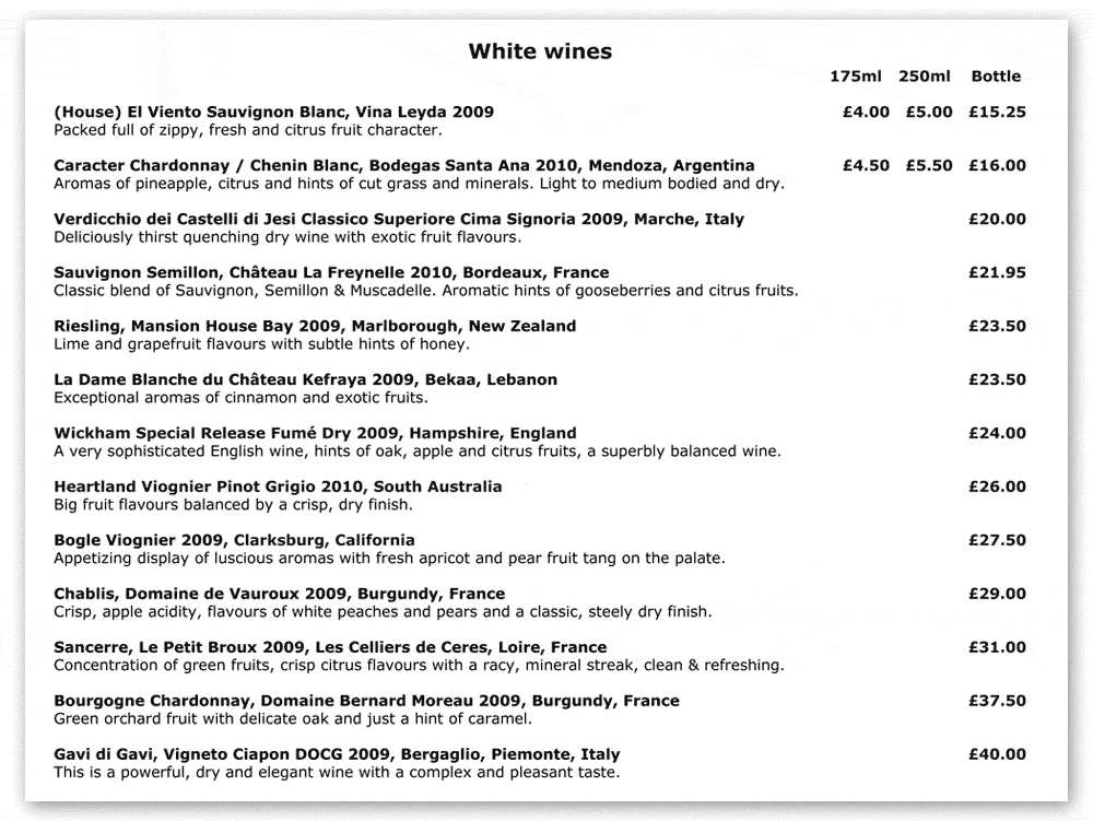 White wines at Oak and Glass